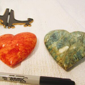 BEAUTIFULLY CARVED GRANITE HEARTS, SWIRLED ORANGE & SWIRLED GREEN